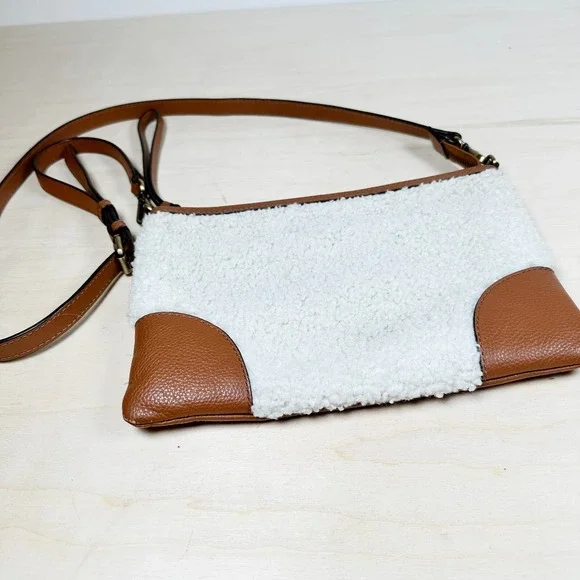 J.Jill  Winter's‎ Day Sherpa Fleece Leather Crossbody Handbag Cream Brown - Picture 3 of 7